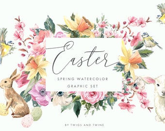 Easter - Handpainted Watercolor Clipart - Spring Animals and Botanicals - Arrangements, Compositions and Frames - Instant Download