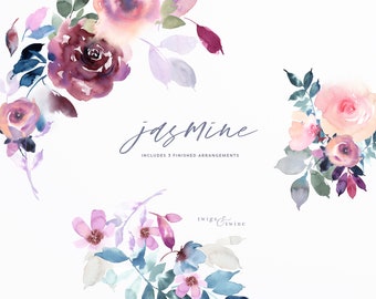 Watercolour Floral Graphics - Jasmine. A selection of flowers and leaves in tones of purple, teal, sage and peach.