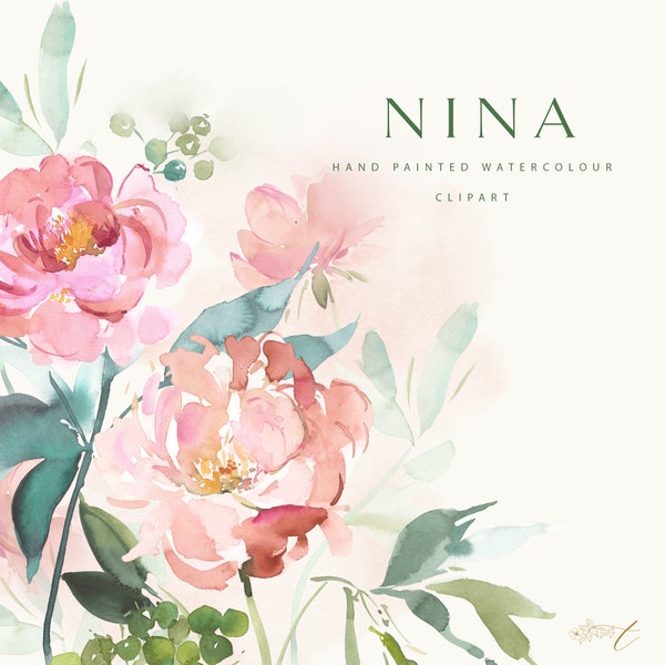 Hand Painted Watercolour Flower Clipart - NINA. Floral graphics for stationery, branding and social media.