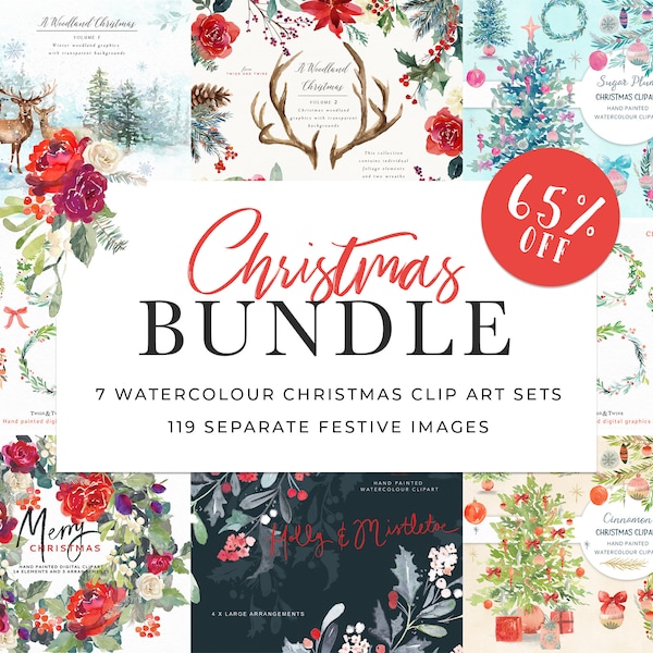 Christmas Watercolour Clipart Bundle - 65% Off - Wreaths, Flowers, Animals, Decorations. High Quality PNG. 119 Individual Images.