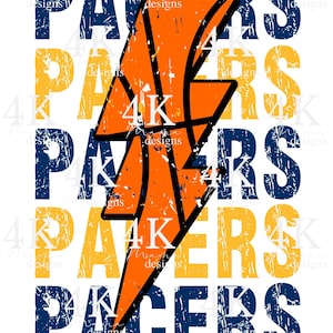 May include: A graphic design featuring the word "PACERS" in a distressed font, alternating between navy blue and gold. An orange lightning bolt graphic is centered over the text. The design is on a white background.
