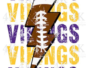May include: A graphic design featuring the word "VIKINGS" repeated five times in a distressed font. The word is in purple and yellow, with a brown lightning bolt football graphic in the center.