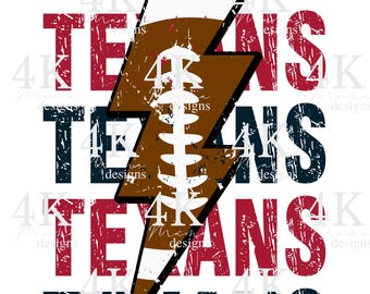 以下が含まれることがあります： 赤、青、白で4回繰り返される「TEXANS」という単語を特徴とする、くたびれたグラフィックデザイン。フットボールのデザインが施された茶色の稲妻が、グラフィックの中央に配置されています。