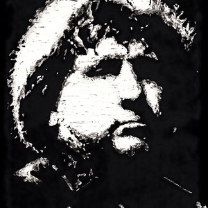 May include: A black and white portrait of a person with long hair. The image is created with a textured, brushstroke effect.