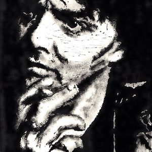 May include: Black and white ink drawing of a person's face, with the person's hand covering their mouth. The drawing is done in a stylized, abstract style.