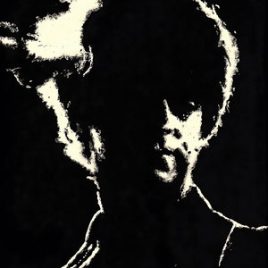 May include: A black and white abstract portrait of a person with a short haircut. The image is created with a white paint-like substance on a black background.