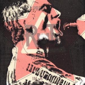 May include: A black and white illustration of a person singing into a microphone. The person is wearing a black shirt and has a red star behind them. The star has the word "RAT" written on it.