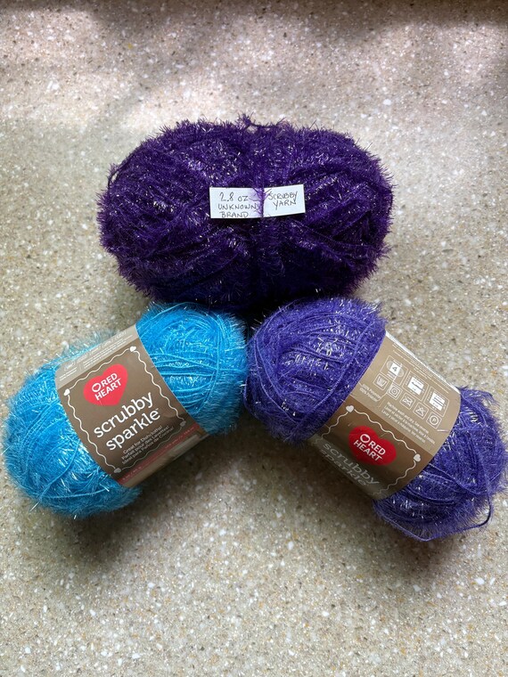 Red Heart Scrubby Sparkle Icepop or Grape Yarn plus Unknown Brand Purple