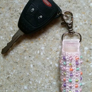 Lip Balm or Lipstick Clip Key Ring Beaded Pink