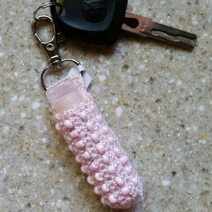 Lip Balm or Lipstick Clip Key Ring Pink Beaded