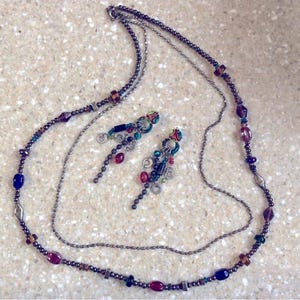 Vintage Art Glass & Metal Bead Necklace w/Silver Tone Strand and Dangle Earrings