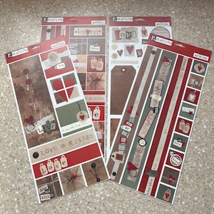 May include: Four sheets of scrapbook paper with a love and romance theme. The sheets feature red, brown, and green colors with various designs, including hearts, tags, and the words "love" and "kisses."