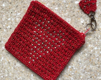 Red Beaded Purse Heart Coin Purse Silver Beaded Crochet Zipper Bag Metallic Beaded Pouch Silver Beaded Bag