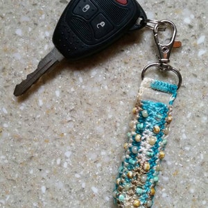 Lip Balm or Lipstick Clip Key Ring Beaded Green Tan