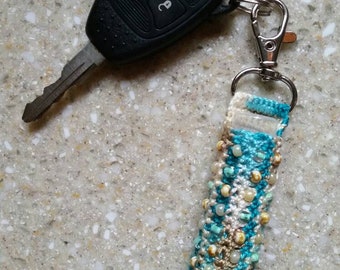 Lip Balm or Lipstick Clip Key Ring Beaded Green Tan