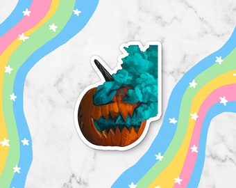 Smoking Pumpkin Waterproof Vinyl Sticker | Laptop Decal Sticker Small Gift Laptop Sticker Permanent Vinyl Decal Stocking Stuffer Halloween