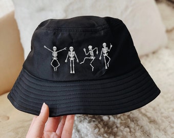 Dancing Skeletons Halloween Bucket Hat | Halloween Costume, Dancing Skeletons, Unisex Bucket Hat, Black Bucket Hat, Trendy Black Bucket Hat