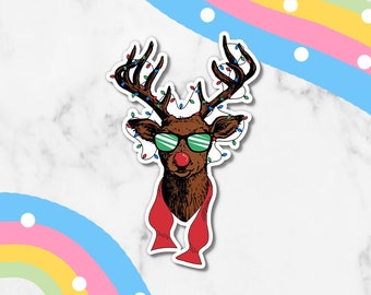 Christmas Reindeer Waterproof Vinyl Sticker | Laptop Decal Small Gift Laptop Sticker Stocking Stuffer Rudolph Sticker Christmas Lights Gift