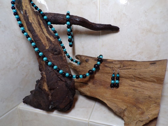 Black & Teal Glass Pearl Jewelry Suite