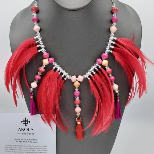 AKOLA beads and Feathers in pink and shops red