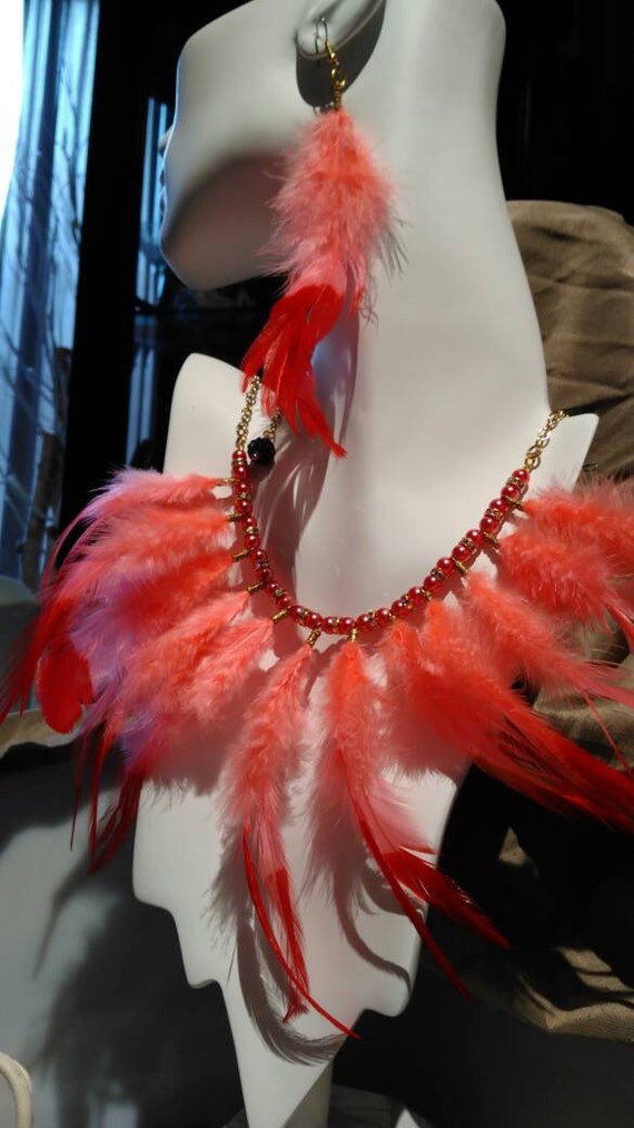 Flamingo Pink Feathered jewelry suite
