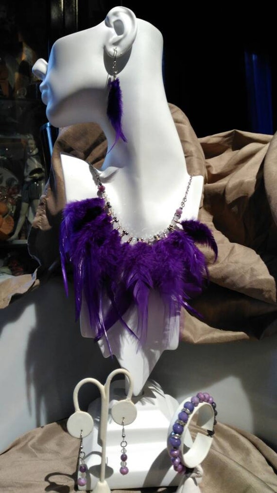 Purple Plums of Fantasy.... Feather beads and crystal necklace bracelet and 2 sets of earrings
