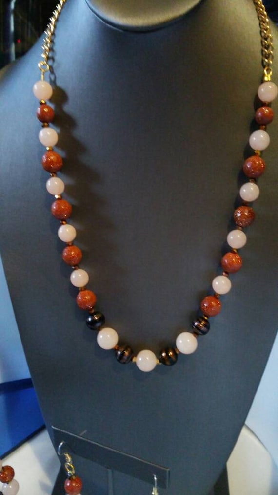 My Universe 3 piece jewelry suite Peach Quartz Goldstone and Italian glass beads