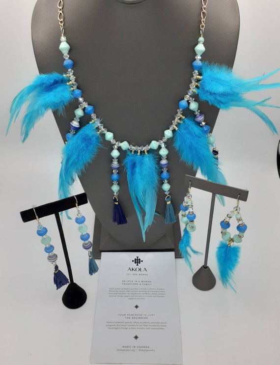 Bold and Blue Feathered neckpiece AKOLA beads and tassels