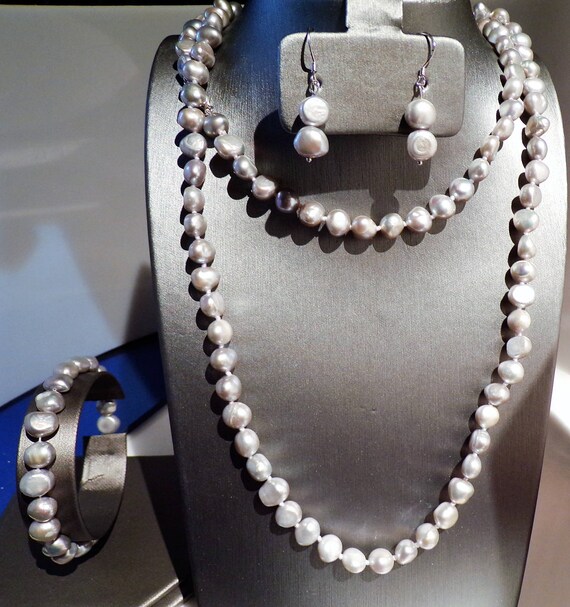 3 feet Silvery Grey Freshwater Pearls with matching earring and bracelet