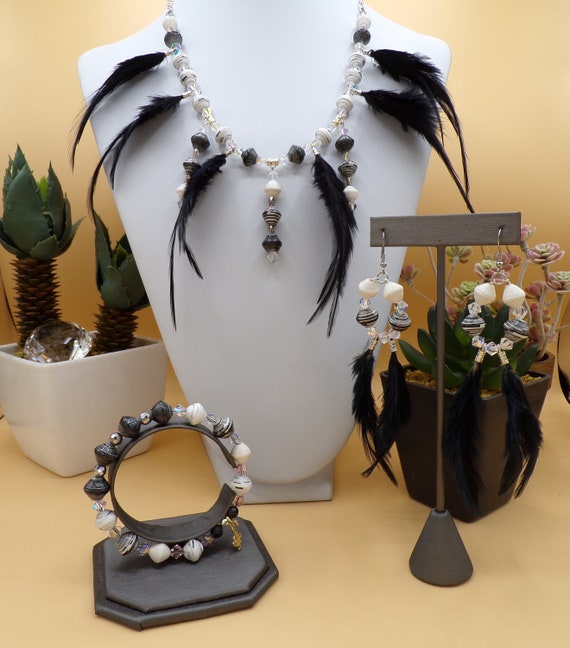 Akola Beads in black and white Black feather neck piece