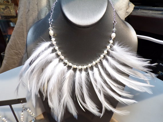 White Wedding Feathers Necklace and 2 pairs of earrings