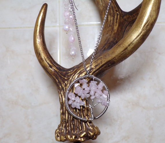 Tree of life and more. Rose quartz pendent and earrings