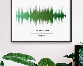以下が含まれることがあります： 白い背景に緑のグラデーションの音波グラフィックが描かれた横型の額入りプリント。テキストには「YOUR SONG TITLE」「ARTIST」「SPECIAL MESSAGE」「2026」と記載されています。プリントは細い黒いフレームに入っています。