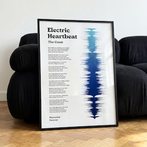 May include: A framed poster featuring the title Electric Heartbeat by The Coast, lyrics in black text, and a vertical blue sound wave graphic on a white background. The print includes the text Memories Forever at the bottom left corner.