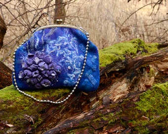 Boho chic Clasp bag, handmade fiber art, design felted merino bag, flower bag, Vegan bag