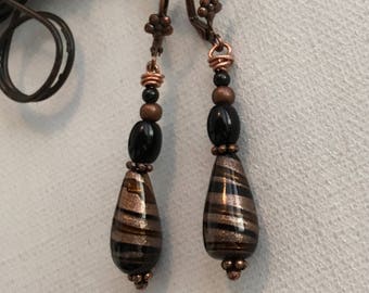 Black & Copper Glass Dangle Earrings