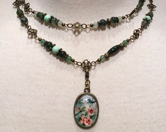 Birds Bronze & Green Beaded Necklace