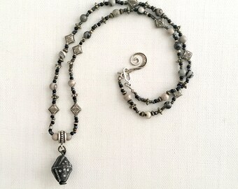 Gray Jasper Black Clay Pendant & Silver Necklace