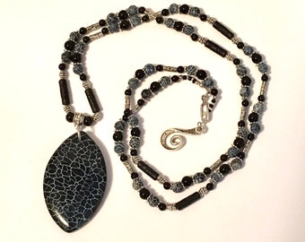 Boho Black & White Spiderweb Jasper Beaded Necklace