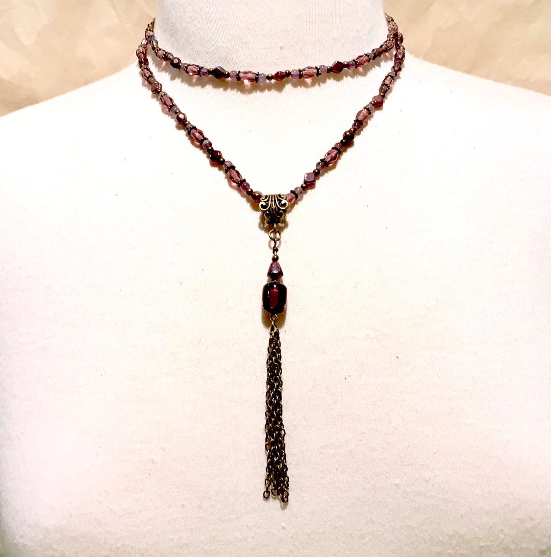Vintage Style Amethyst Bronze & Glass Tassel Handmade Necklace - Etsy