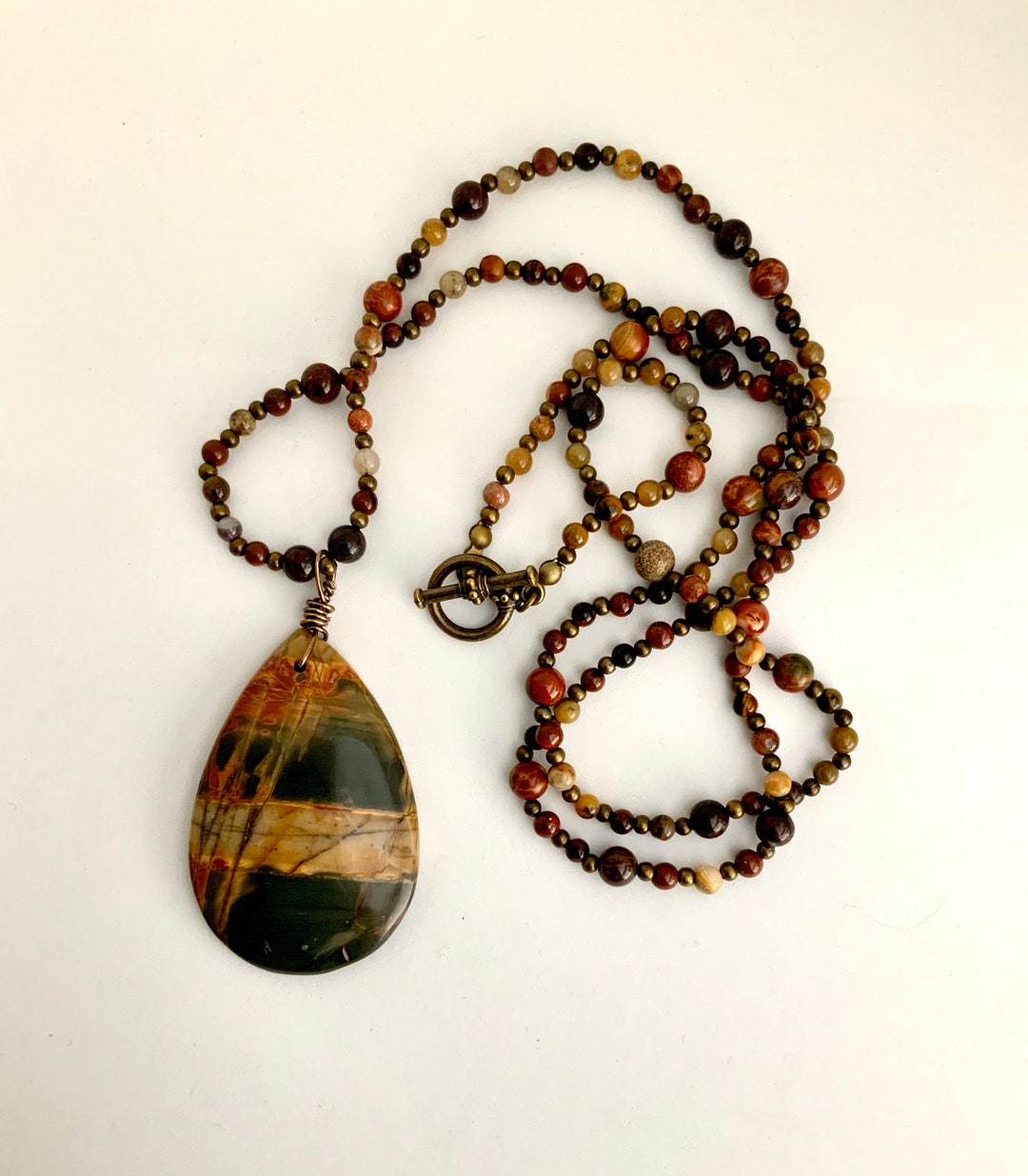 **Picasso Jasper Necklace with Wood Beads and Leather Tassel 261i