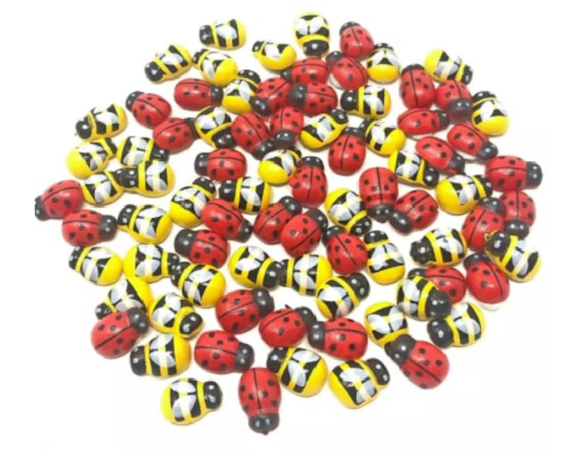 120PCS Tiny Bees And Ladybugs Craft, AHIER 60pcs Wooden Bees And 60pcs Ladybugs Sel