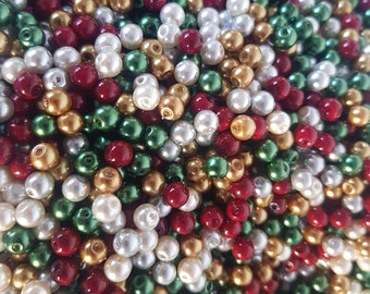 Christmas Beads, Christmas Pearls, 4mm Pearl Beads, 6mm Pearl Beads, Festive Pearls, Festive Beads, 4mm Beads, Glass Pearls,
