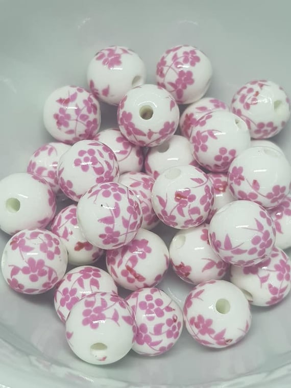 Ceramic Beads, Porcelain Beads, Clay Beads, Floral Beads, Flower Beads,  Oriental Beads, 12mm Beads, Large Beads, Ceramic 12mm, Painted Beads 