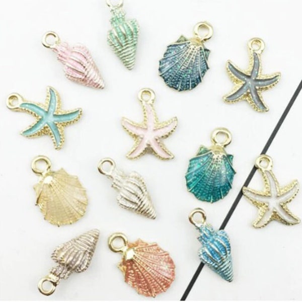 Shell Charms, Beach Charms, Ocean Charms, Shell Jewellery, Shell Jewelry, Conch Shells. Starfish, Mermaid, Enamel Charms,