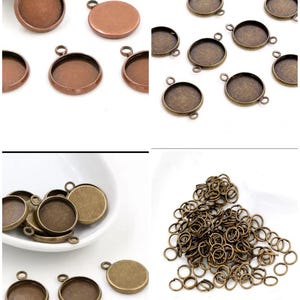 May include: A collection of bronze-coloured pendant trays and jump rings. The trays are round with a loop at the top for attaching to a chain. Some trays have a flat back, while others have a recessed area for setting a design. The jump rings are small and numerous.