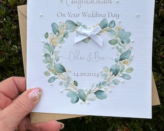 Personalised Handmade Wedding Day Card, Engagement, Anniversary, Vow Renewal, Eucalyptus/Greenery