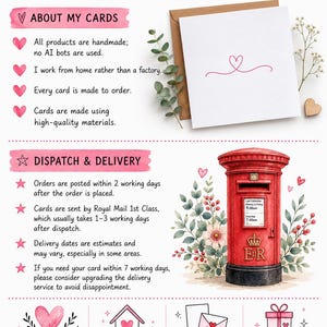 Pode incluir: Uma infografia para cart&otilde;es de felicita&ccedil;&otilde;es feitos &agrave; m&atilde;o com texto, um cart&atilde;o branco com um desenho de cora&ccedil;&atilde;o rosa, uma ilustra&ccedil;&atilde;o de um marco de correio brit&acirc;nico vermelho e &iacute;cones para pequenas empresas e ocasi&otilde;es.