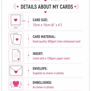 May include: An informational graphic titled Special Days Stationery detailing card specifications. It lists a 6 inch by 6 inch size, 300gsm linen embossed card material, a 120gsm paper insert, envelope, embellishments, and 1st class Royal mail delivery.