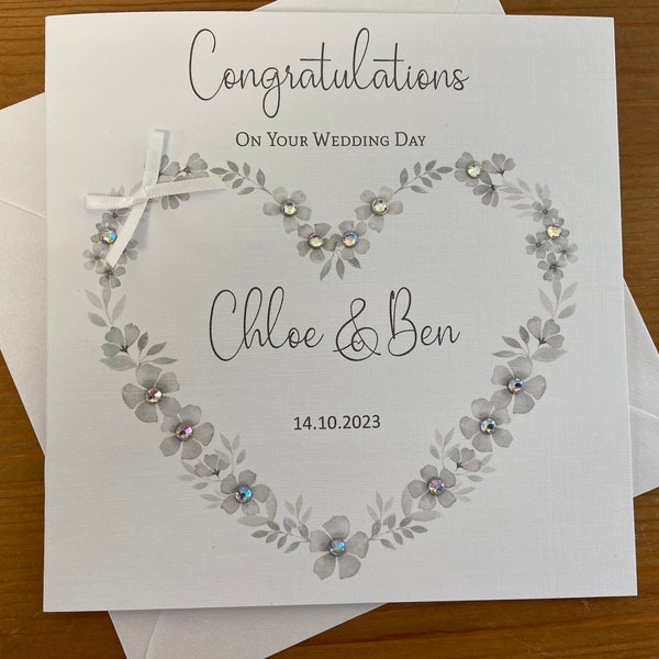 Personalised Handmade Wedding Day Card, Engagement, Anniversary, Birthday with gems